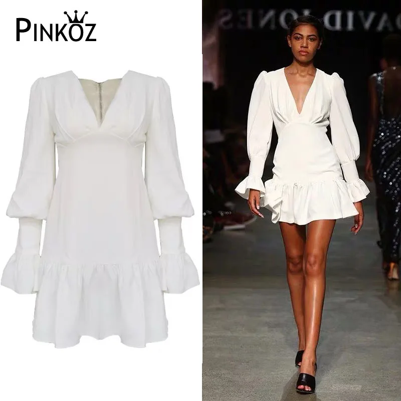 

Pinkoz Runway Designer High Quality Ruffles Lantern Sleeve Slim Deep V Neck Sexy Elegant Woman white Mini Dress Short Vestidos