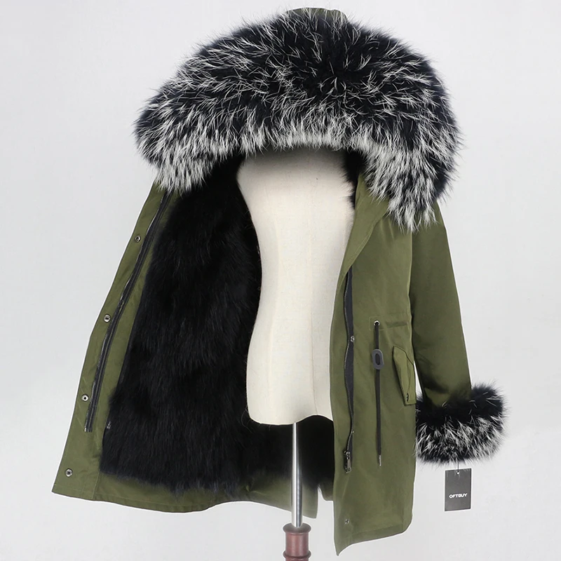 green black black W OFTBUY пальто с натуральным мехом енота, капюшон с манжетами, подкладка из лисьего меха, зимняя куртка, Женская длинная парка, водонепроницаемая верхняя одежда, новинка - Цвет: green black black W