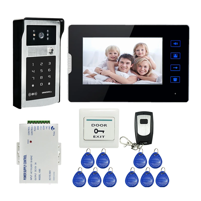 

FREE SHIPPING 7" Touch Key LCD Screen Video Door Phone Intercom System + 1 Monitor + Outdoor RFID Code Keypad Doorbell Camera