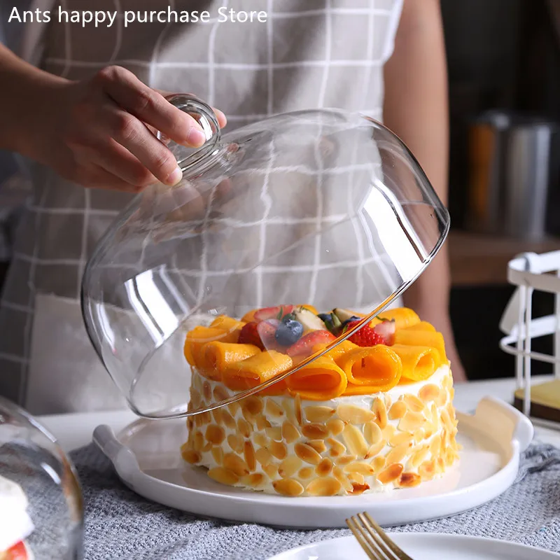 

Ceramic cake plate glass cover Dessert bread fruit dessert tray store Try dish Display stand Storage tray with lid