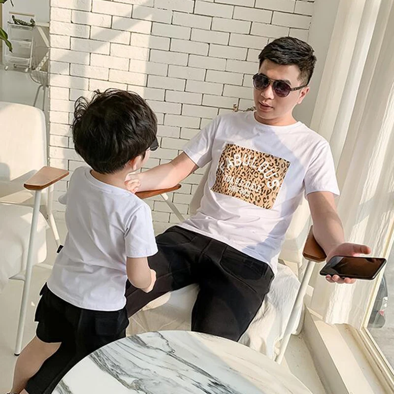 New Adult Kids Family Matching Clothes Casual Tees Father Mother Leopard Printed T-shirts Short Sleeve Cotton Mom Dad Girls Tops