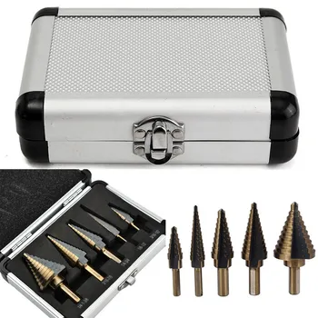 

5Pcs English Ladder Drill Bit Set Aluminum Boxed Stepped Drill Steel Triangular Shank High Dpeed Steel Step Drill Bits