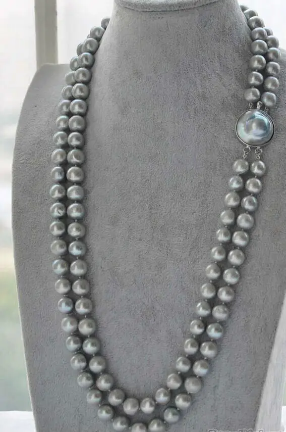 

FREE SHIPPING HOT sell new Style >>> stunning double strands8-9mm south sea silver grey pearl necklace19"20