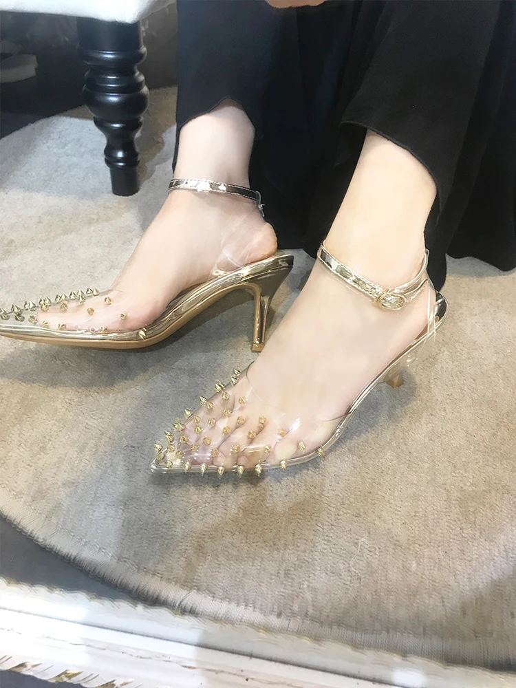 

Luxury Silver Gold Rivets Studded Clear PVC Upper Women Sandals Pointed Toe Ankle Buckle Ladies Shoes High Heels Zapatos Runway