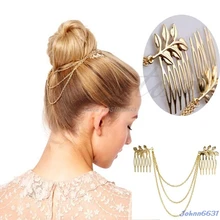 Женский персональный золотой тон, запонки для волос с листьями, цепочка, расческа, повязка для волос, горячая распродажа# Y207E