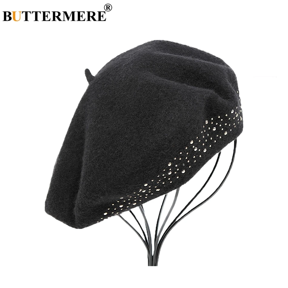 Ceny BUTTERMERE wełniany beret Cap kobiety czarny nit artystyczne czapki damskie francuskie czapki eleganckie miękkie kobiece jesienne czapki zimowe malarze