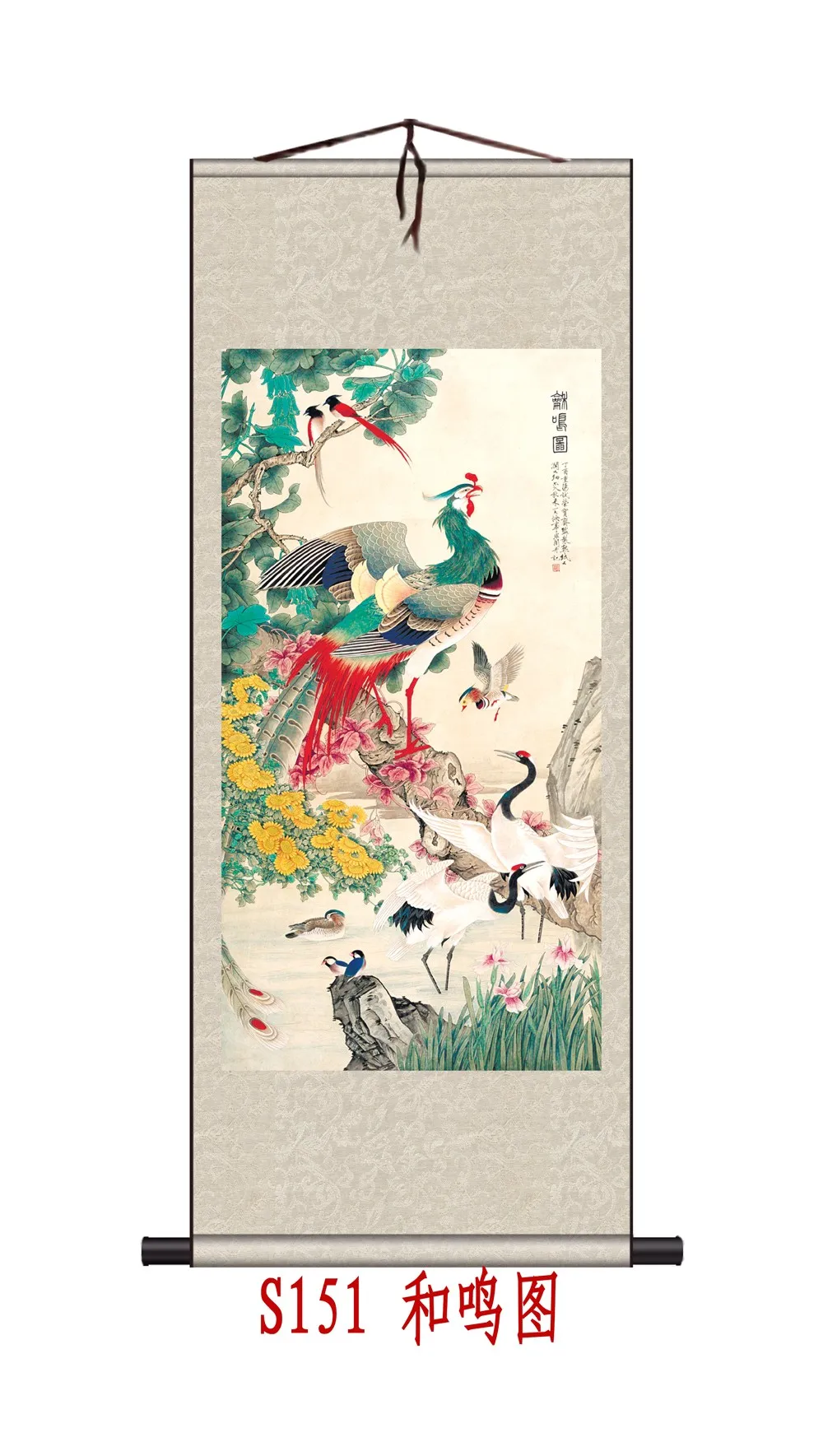 home decor traditional chinese silk scroll phoenix crane watercolor flower and bird gift 70x165cm damask framed
