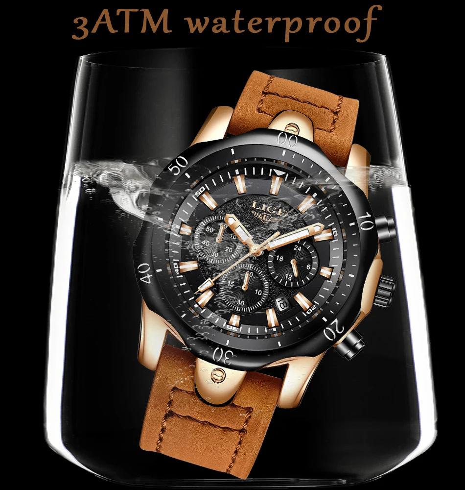Лидирующий бренд LIGE роскошные золотые мужские кварцевые часы мужские водостойкие кожаные военные спортивные часы мужские повседневные