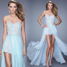Elegante Schatz Cocktailkleid Blau Spitze Und Chiffon Perlen Vestidos De Festa Frontseiten-schlitz Mi-Ni Party Kleider D23