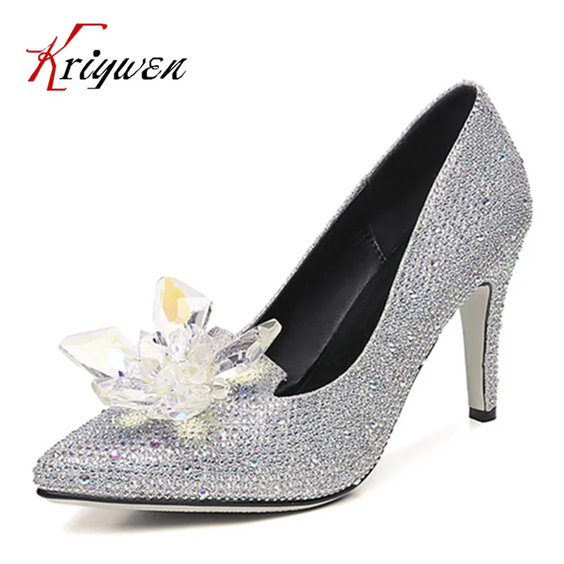 

Big size 32-40 Rhinestone slip on Women Pumps for wedding Cinderella's shoes Sexy thin High Heels Women Party crystal red shoes