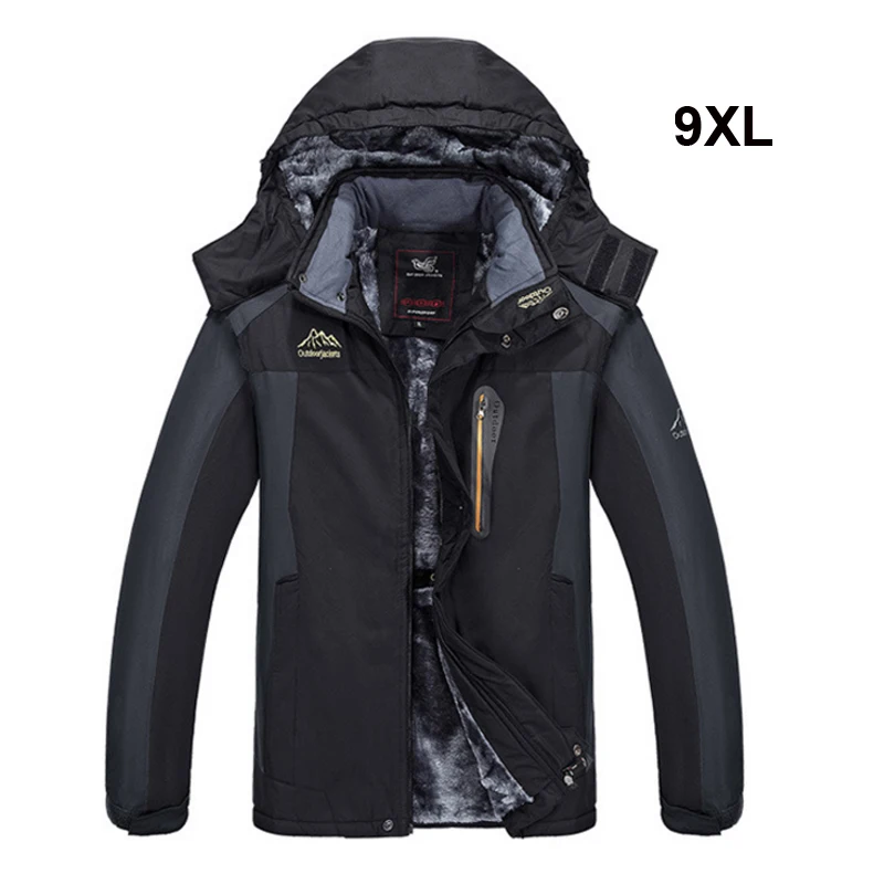 9XL Oversized Men Winter Waterproof Coat Windproof Outdoor Skiing Hood Camping Trekking Climb Hiking Travel Fur Jacket Fishing