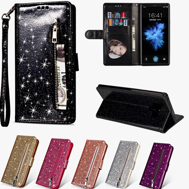 

Zipper Wallet Leather Case For Samsung S8 S9 Plus Note 9 8 Soft Bling Glitter Cover For Galaxy S6 S7 Edge J4 J6 A5 A6 Flip Cases