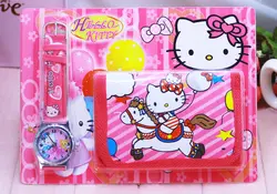 2018 Новый Новинка, Бесплатная доставка Классический мультфильм Hello kitty часы наручные часы и кошельки подарочный набор