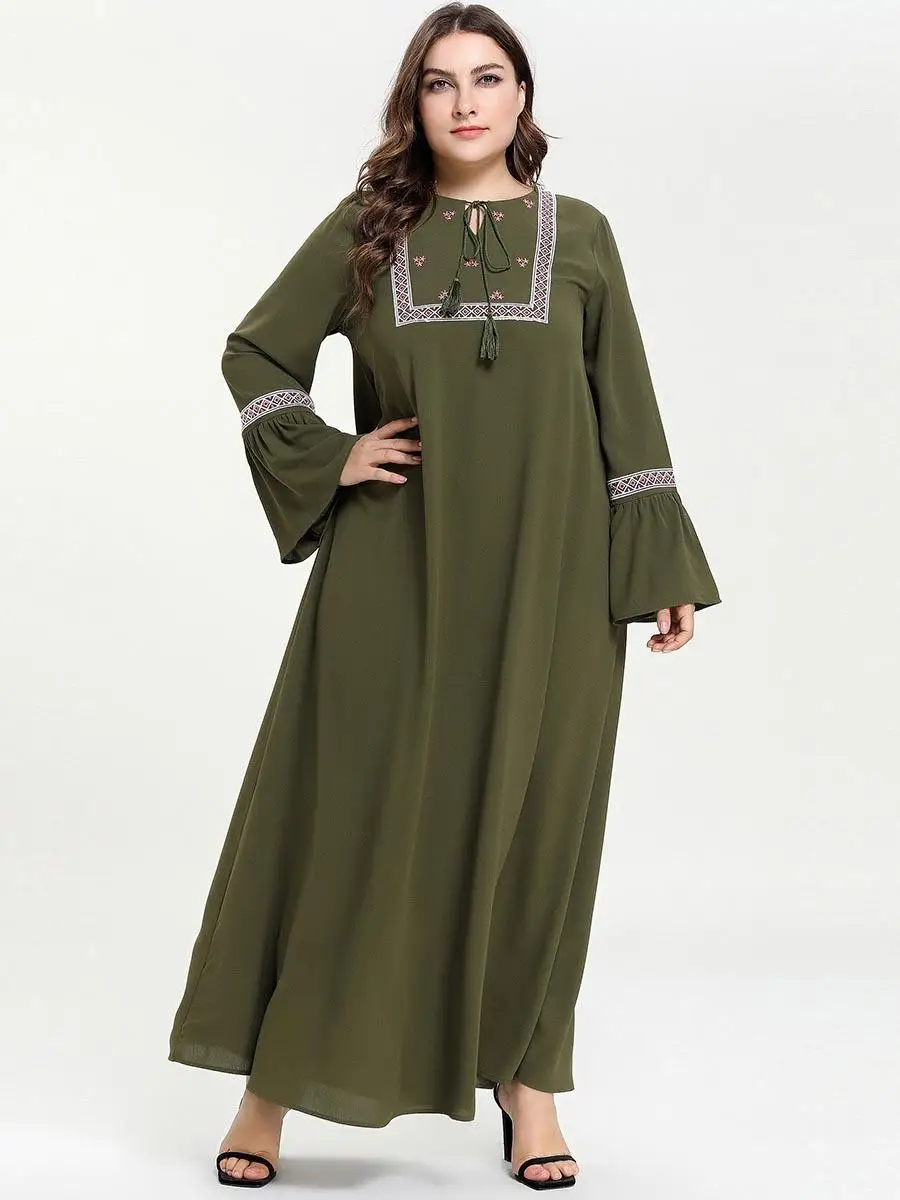 Этническая Вышивка abaya Дубай Длинное Макси платье для женщин мусульманский кафтан исламский халат Коктейльные Вечерние Большие размеры на шнурке Рамадан платье