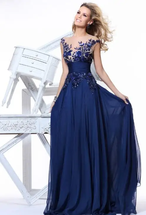 Cheap ! Hot new dark blue chiffon A line floor length evening dresses bateau cap sleeves print flower applique sequins prom gowns TE 92130