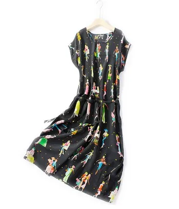 Модное платье из шелка тутового цвета с мультяшным принтом, женское свободное шелковое платье большого размера, тонкое повседневное летнее платье с круглым воротником - Цвет: Черный