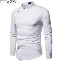 Белая мужская рубашка на косой пуговице, новинка весны, мужская рубашка с воротником "Мандарин", мужская рубашка с длинным рукавом, деловые повседневные рубашки, Chemise Homme