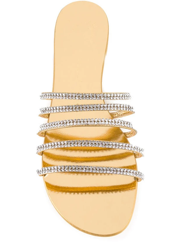 Kmeioo элегантная женская летняя обувь со стразами; шлепанцы без задника с открытыми пальцами пляжные шлепанцы обувь без шнуровки золотого
