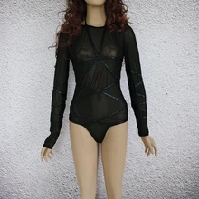 С длинным рукавом Strappy Mesh Romper молодых девушек пикантные черные сапоги женское белье для Для женщин