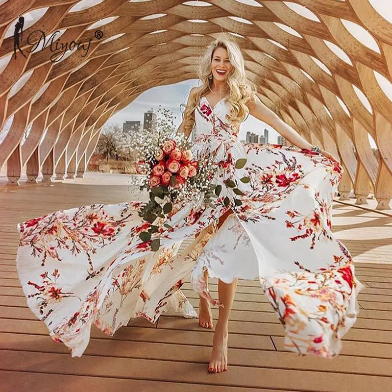 Miyouj цветочный принт Длинные платья для женщин Boho сексуальное V образным вырезом