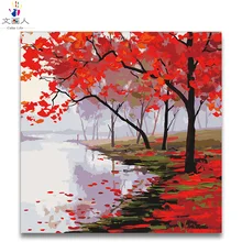 Красное дерево на реке DIY картина маслом картины по номерам с комплектами, нарисуйте художественную краску картина Раскраска по номерам для комнаты docor