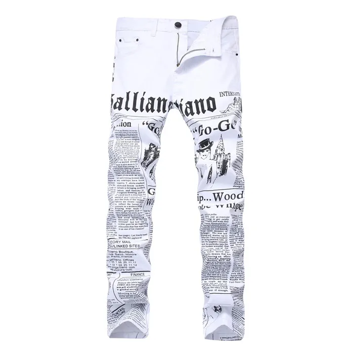 

Men Jeans 2019 Autumn Denim Pants Classic Newspaper Letter Printed Casual Slim Trousers Cowboys Young Man Fashion White Jeans