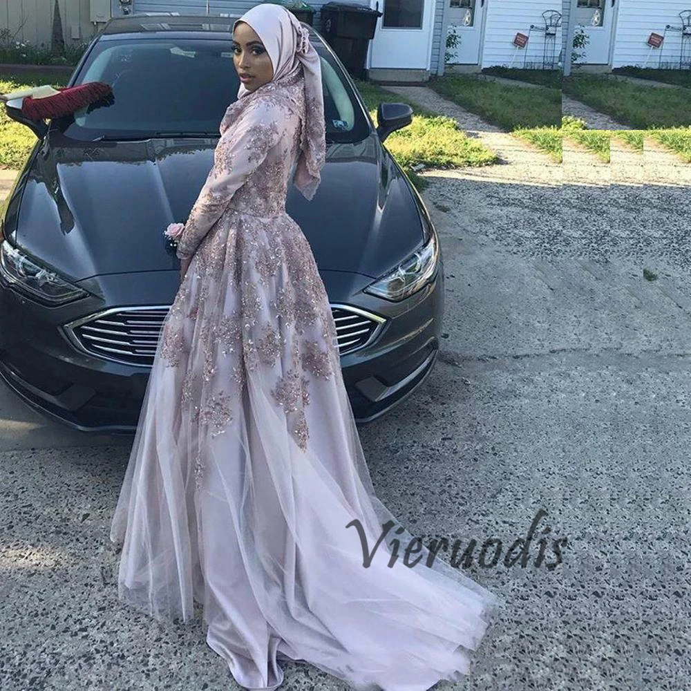 45-2              Modest Muslim Applique Beads Evening Dresses Long Sleeve Saudi Arabia Vestidos De Festa Long Party Dress Prom Formal Pageant Celebrity Gowns