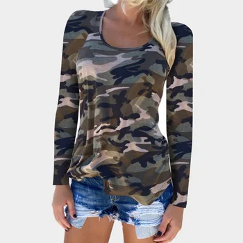 

Camouflage Long Sleeve Backless Women's T-shirt Camo O-neck Off Shoulder T-shirts Women 2020 Summer Modis Lady Clothes Plus Size
