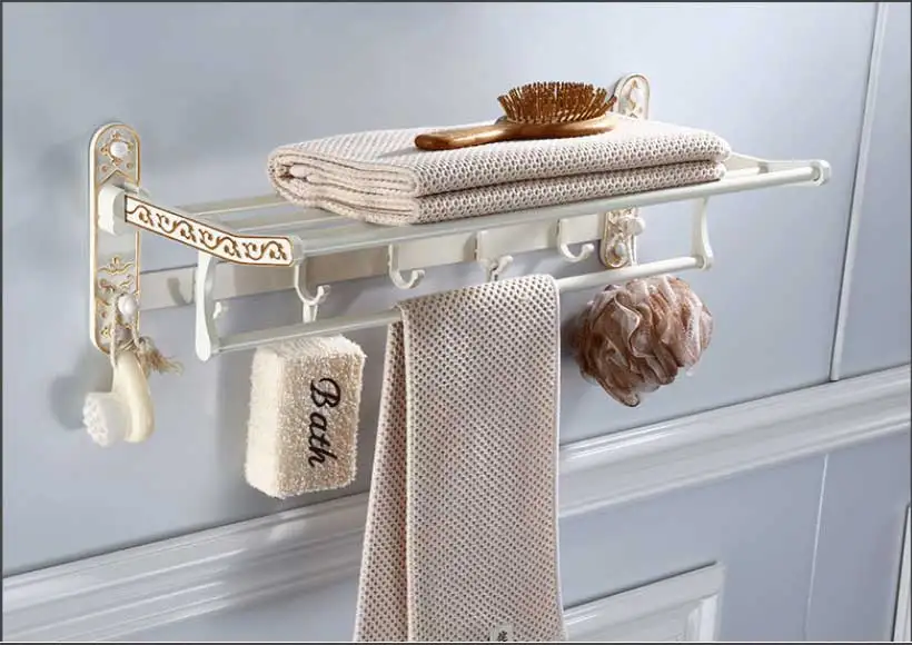 Foldable Antique Brass Bath Towel Rack Active Bathroom Towel Holder Double Towel Shelf With Hooks Bathroom Accessories white