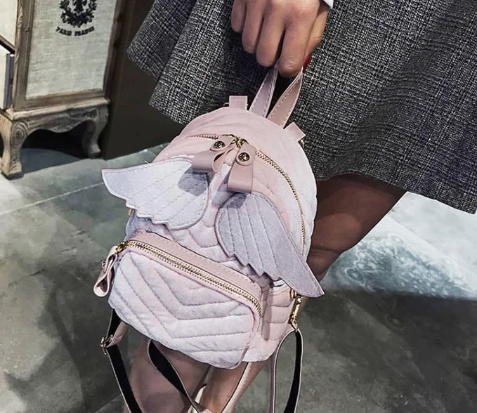 Повседневный Модный женский бархатный рюкзак брендовый дизайн мини-школьная сумка для девочек-подростков женский рюкзак с милыми крыльями L137