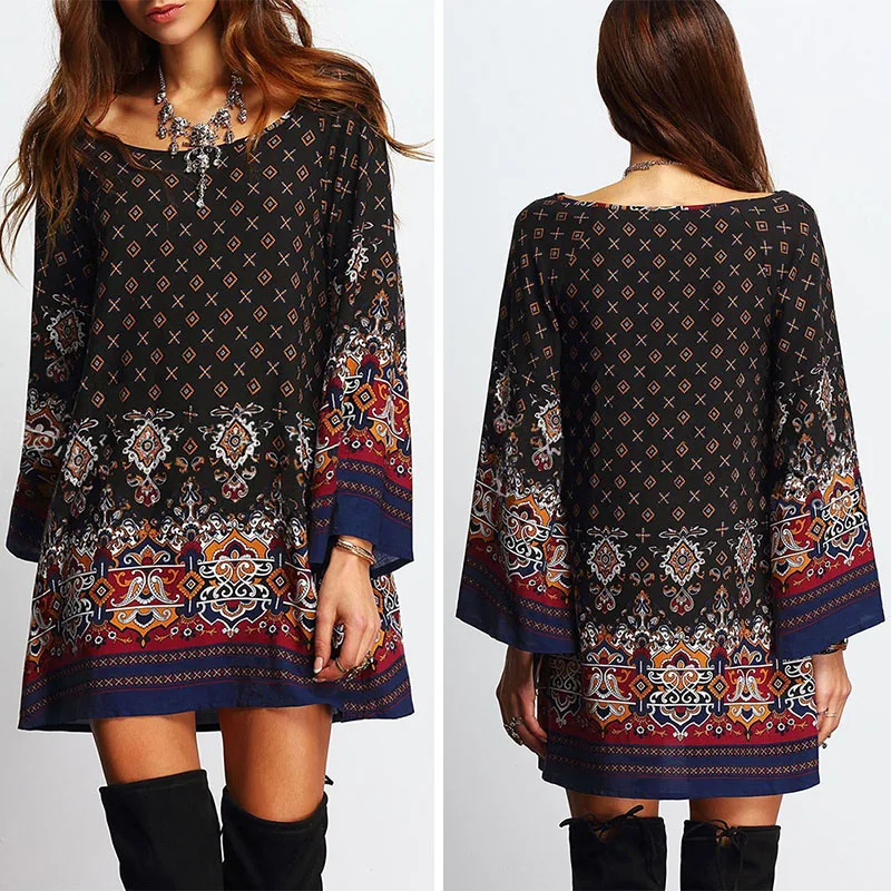 Lady Summer Long Print Sleeve Loose font b Sexy b font Party Boho Beach Mini font Lady Summer Long Print Sleeve Loose font b Sexy b font Party Boho Beach Mini font