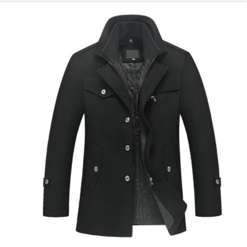 

New men's winter padded wool jackets coats removable quilted lining button wool blends pea coat thick padded jacket coat men