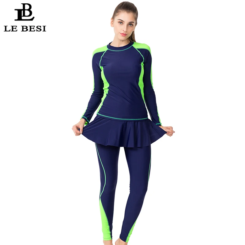 LEBESI из двух частей купальник для женщин Professional Спортивная юбка ванный комплект плюс размеры одежда для плавания с длинным рукавом брюки девочек Surf - Цвет: Navy Blue