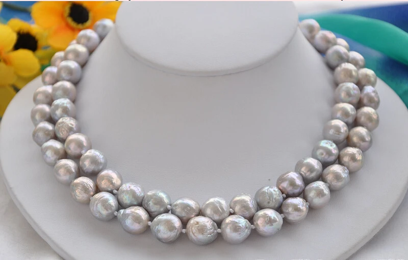 

fast 2row 12mm gray almost round Edison PEARL NECKLACE mabe clasp AAA