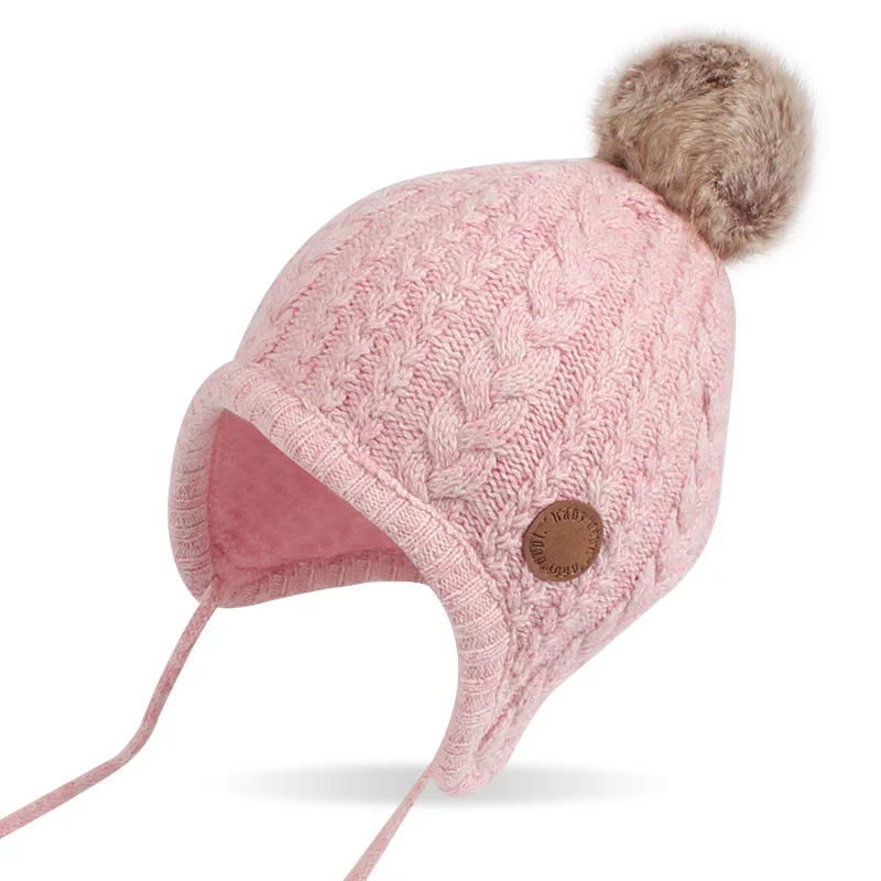 Twist Newborn Baby Hat Velvet Ear Protection Toddler Hat Cotton Warm Winter Beanie For Baby Girls Lace Up Infant Hat With Ball  (5)