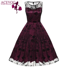 ACEVOG Ретро Женщины Vintage Style Рукавов Сетки Вышивка Длинные Коктейль Платье Цветок Череп Бал Выросло