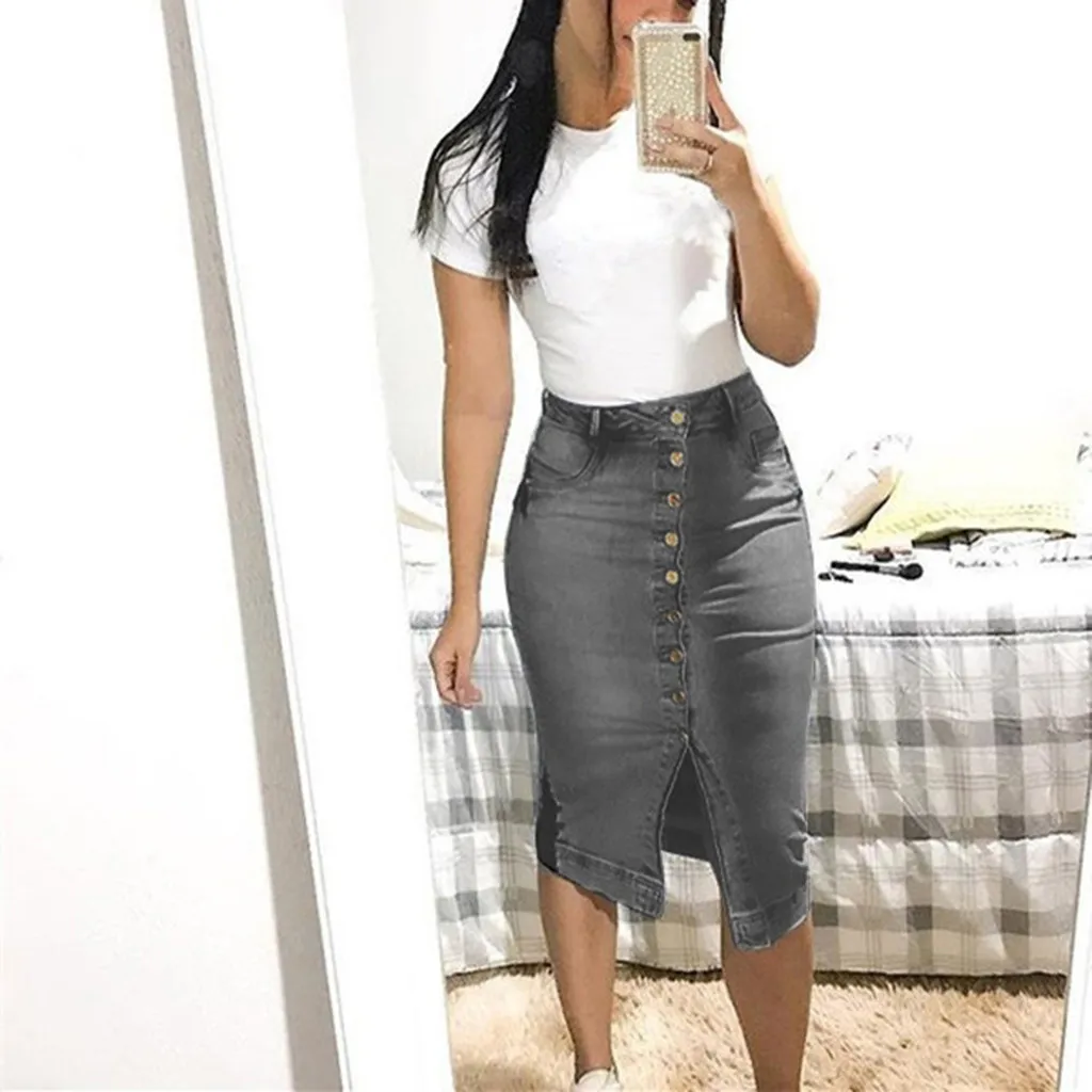 

Womail Skirt New Women's Fashion Denim Skirt Summer Button Design Split Front Open Skirts Denim Skirt Pencil Plus Size May 27