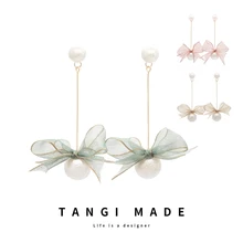 

Earrings and Clips TANGI Original Design Spring Summer New Anti Allergy Bow Knot Pearl Temperament Long Earrings
