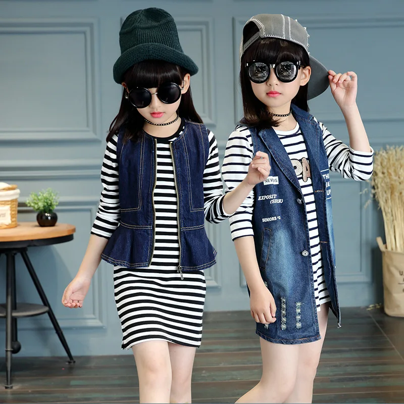 

Girls clothes suits 2018 autumn girls clothing denim vest+striped T-shirt children clothing set 6-14 T kids tracksuit clothes