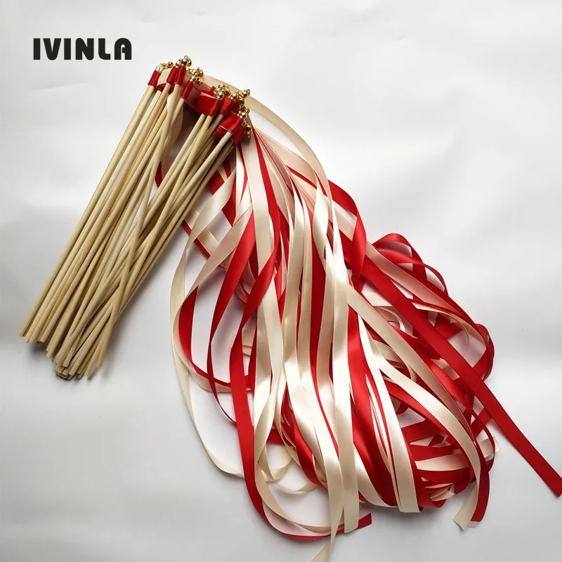 50 Pz/Lotto Rosso E Crema Di Nozze Bacchette Nastro Filanti Con Campana D'Oro Per La Decorazione Di Nozze
