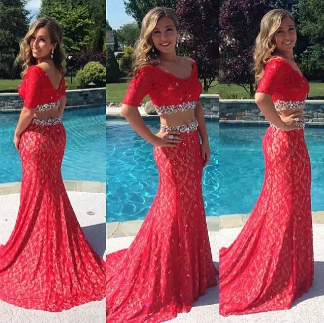 red lace two piece dress
