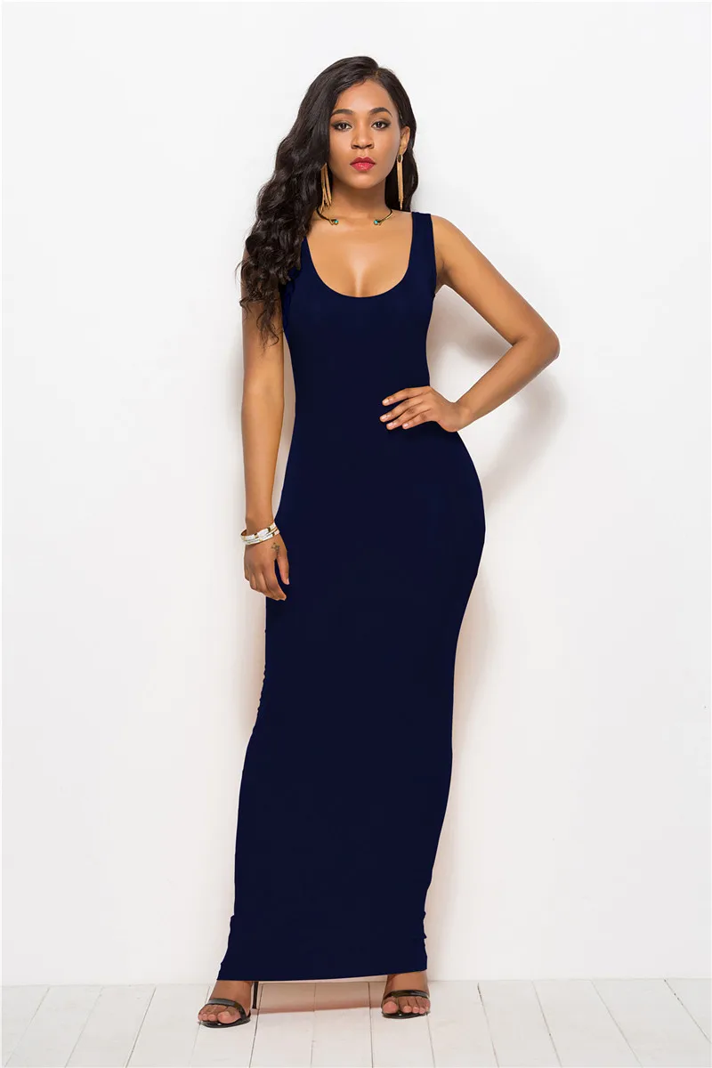 Новинка, летнее однотонное женское платье бодикон, 14 цветов, с круглым вырезом, тонкое платье макси, с высокой талией, платье на бретелях, тонкие длинные платья Vestidos - Цвет: 1033 Dark Blue