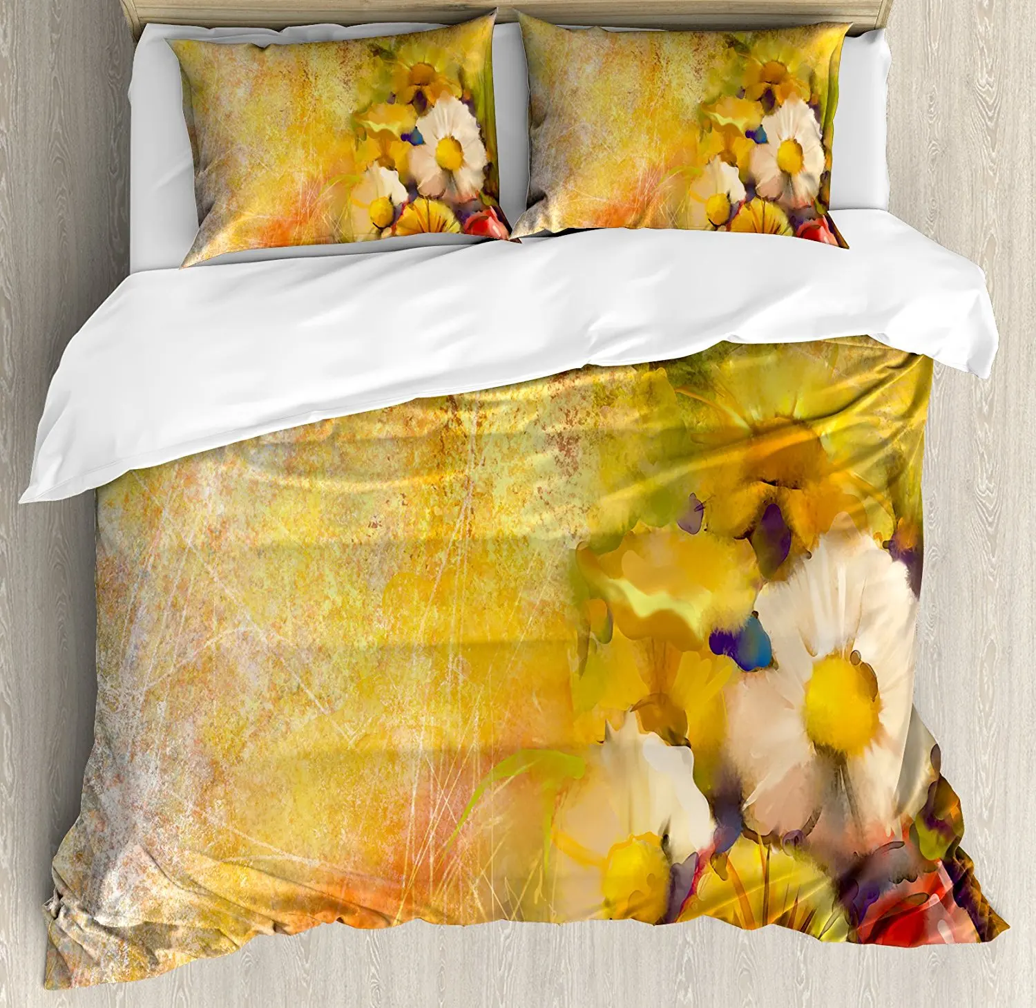 Yellow Flower Duvet Cover Set, Oil Painting Style Bouquet of Rose Daisy