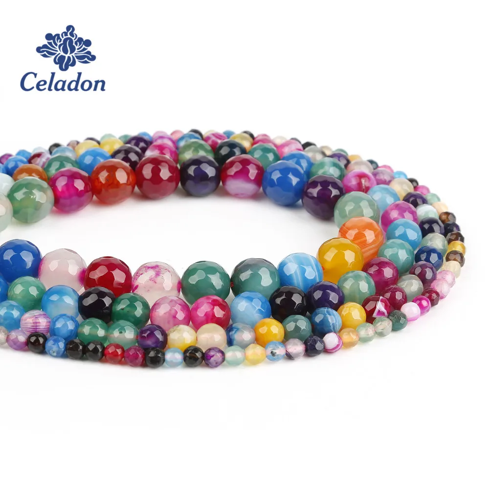 

Rainbow Color Stripe Natural Stone Beads 15" Faceted Round Ball Agat Loose Spacer Beads for DIY Jewelry Making 4 6 8 10mm