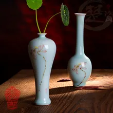 Подлинный цветок Цзиндэчжэнь сосуд, Голубоватая белая фарфоровая ваза, окрашенный Лотос, зеленая ваза теней