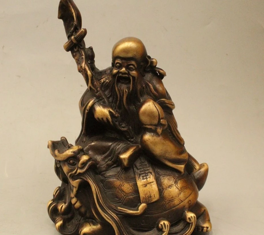 

8" Chinese Bronze Longevity God Ride Dragon Turtle Tortoise Peach Wealth Statue