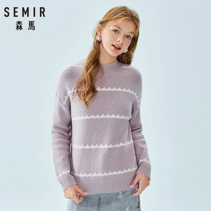 Beste SEMIR Vrouwen Fijn Gebreide Trui Contrasterende Streep vrouwen Dropped Schouder Trui met Geribbeld Mock Coltrui Manchet en Zoom