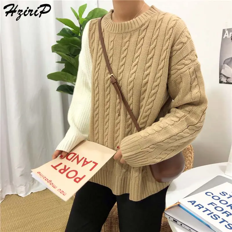 

HziriP 2019 Autumn Winter Stylish Korean Knitted Sweater Women Vintage Fashion Loose Pullover Free Female Casual Khaki Sweaters