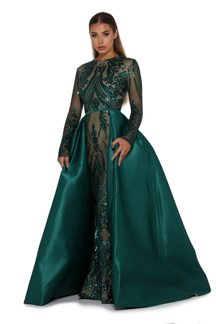 С длинными рукавами, комплект из 2 предметов, платье в изумрудно-зеленый, на выпускной платье Стиль 1705 со съемной юбкой Саудовская Аравия, с блестками, вечерние платья