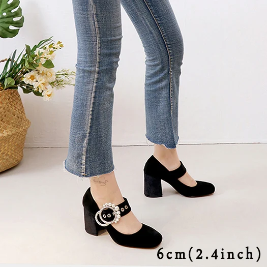 Г. Модные черные туфли-лодочки персиковые замшевые туфли мэри джейн на высоком каблуке с квадратным носком и жемчугом женская обувь, размер 4, 34, 3 дюйма, со стразами - Цвет: Black Heel 6cm